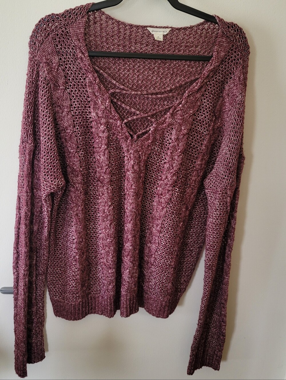 Aeropostale Lace-Up V-Neck Cable Knit Sweater - Mauve
